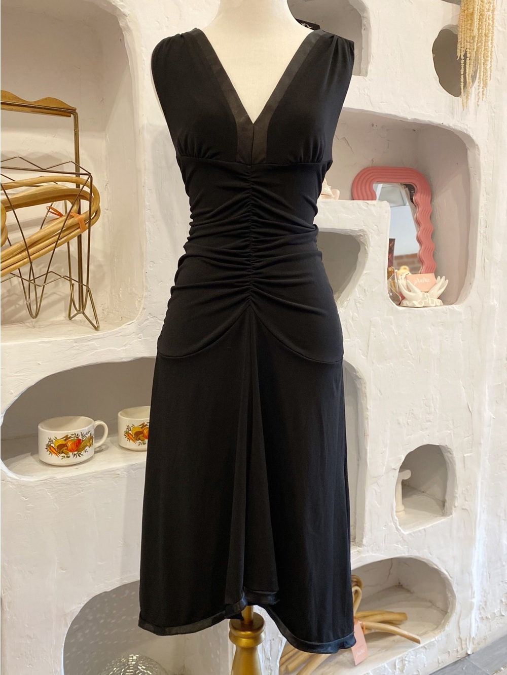 Vintage Y2K Ruched Black V-Neck Rushed Dress with Satin Trim with Flared Skirt